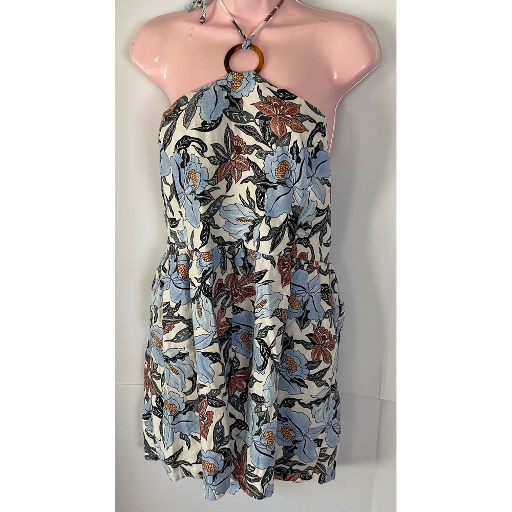 Old Navy Womens XL Floral Linen Blend Halter Romper Blue Brown Ring Detail